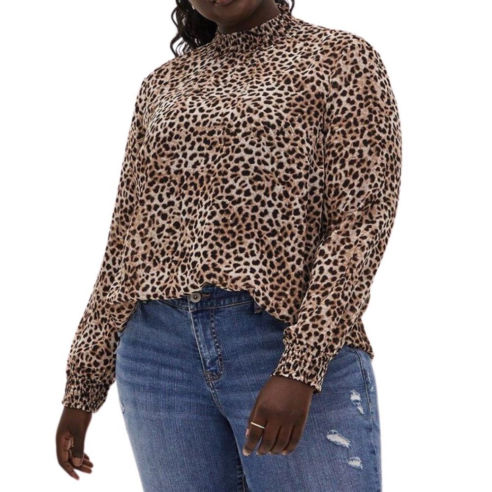 Torrid Leopard Sheer Chiffon Smocked Mock Neck Blouse size 0X
